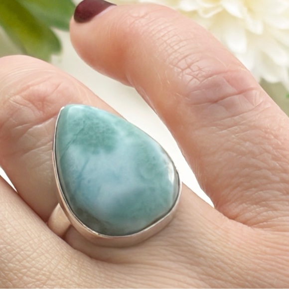 Southwest Jewelry - Genuine Larimar Ring Size 7 Pure Sterling Silver 925 Boho Southwest New